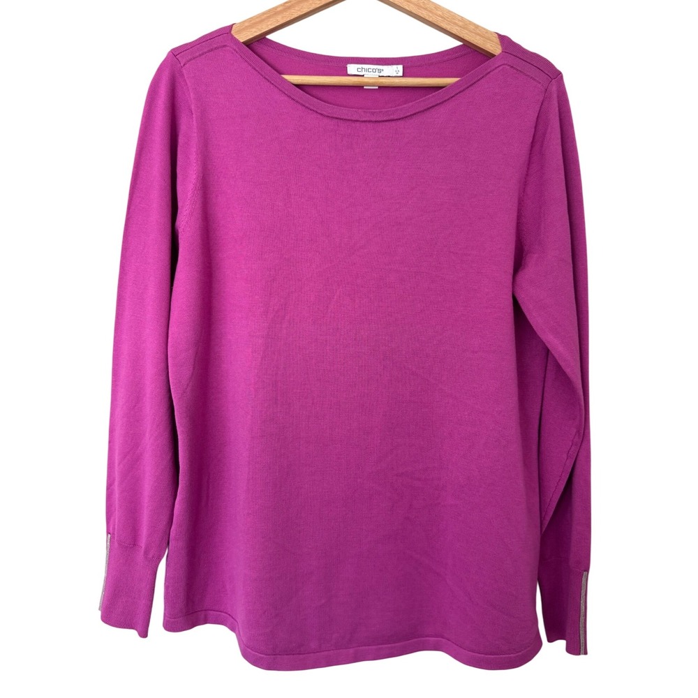 Chico's Women's Knit Top Purple‎ Long Sleeve Sleeve Detail Sweater Size Medium